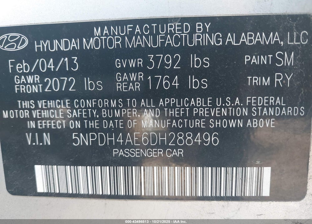 2013 HYUNDAI ELANTRA LIMITED VIN: 5NPDH4AE6DH288496