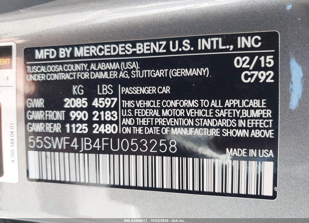 2015 MERCEDES-BENZ C 300 LUXURY VIN: 55SWF4JB4FU053258