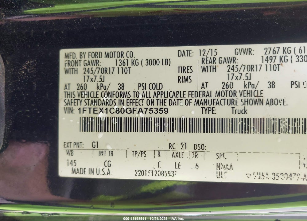 2016 FORD F-150 VIN: 1FTEX1C80GFA75359
