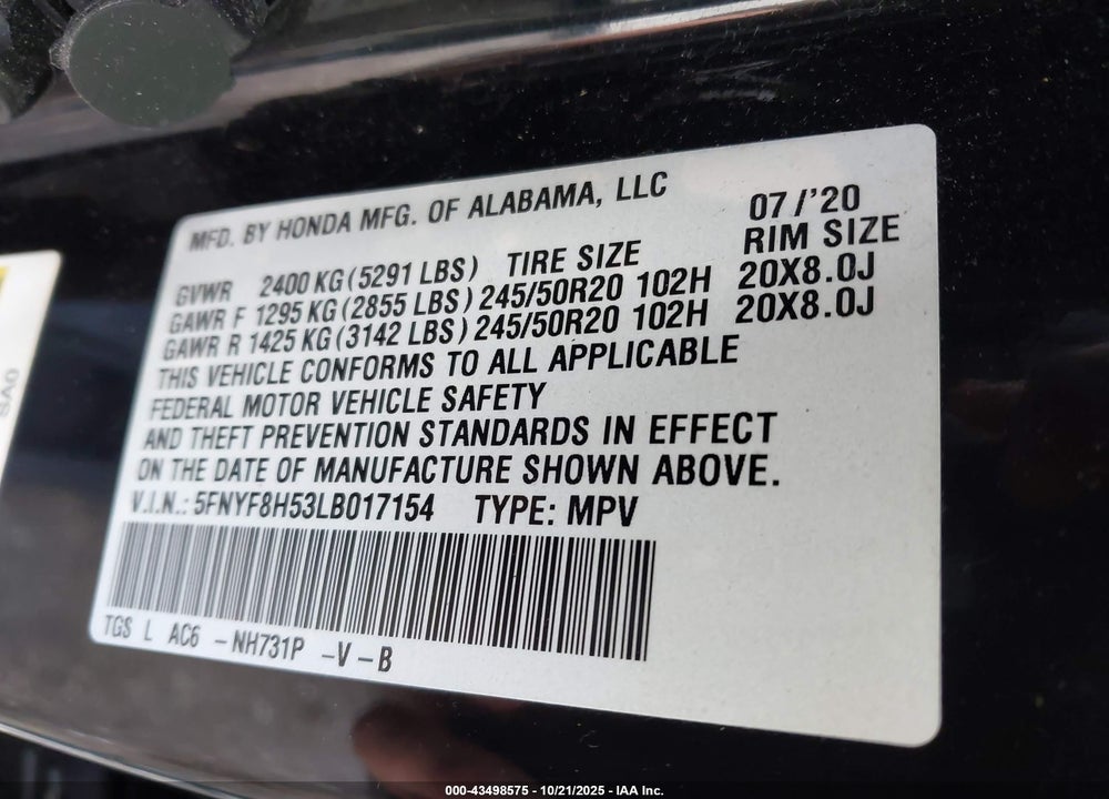 2020 HONDA PASSPORT VIN: 5FNYF8H53LB017154