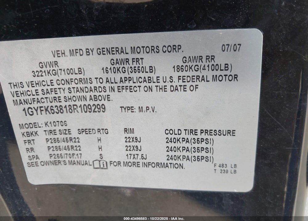 2008 CADILLAC ESCALADE VIN: 1GYFK63818R109299