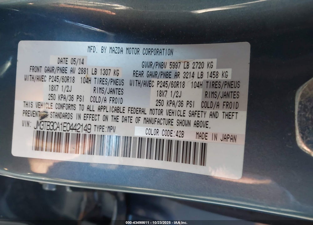 2014 MAZDA CX-9 VIN: JM3TB3CA1E0442149