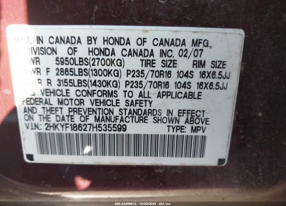 2007 HONDA PILOT EX-L VIN: 2HKYF18627H535599