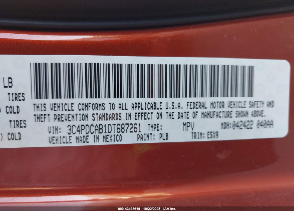 2013 DODGE JOURNEY AMERICAN VALUE PKG VIN: 3C4PDCAB1DT687261