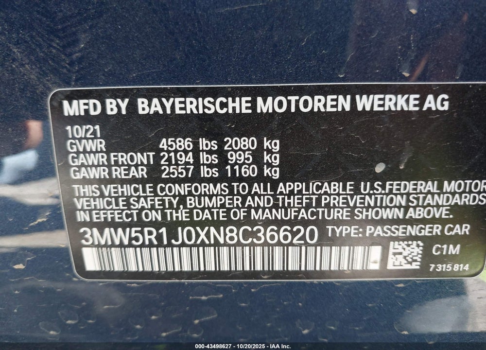2022 BMW 330I VIN: 3MW5R1J0XN8C36620