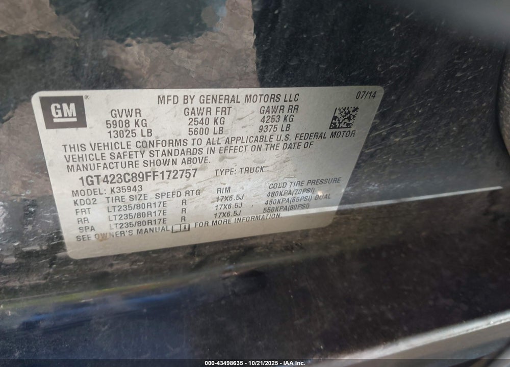 2015 GMC SIERRA 3500HD SLT VIN: 1GT423C89FF172757