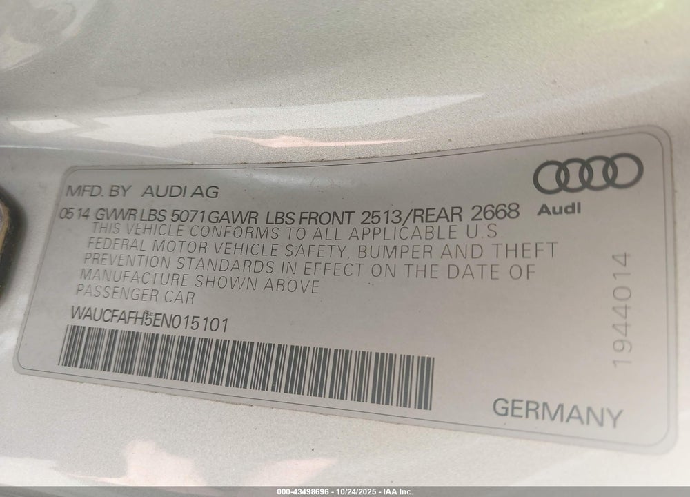 2014 AUDI A5 2.0T PREMIUM VIN: WAUCFAFH5EN015101