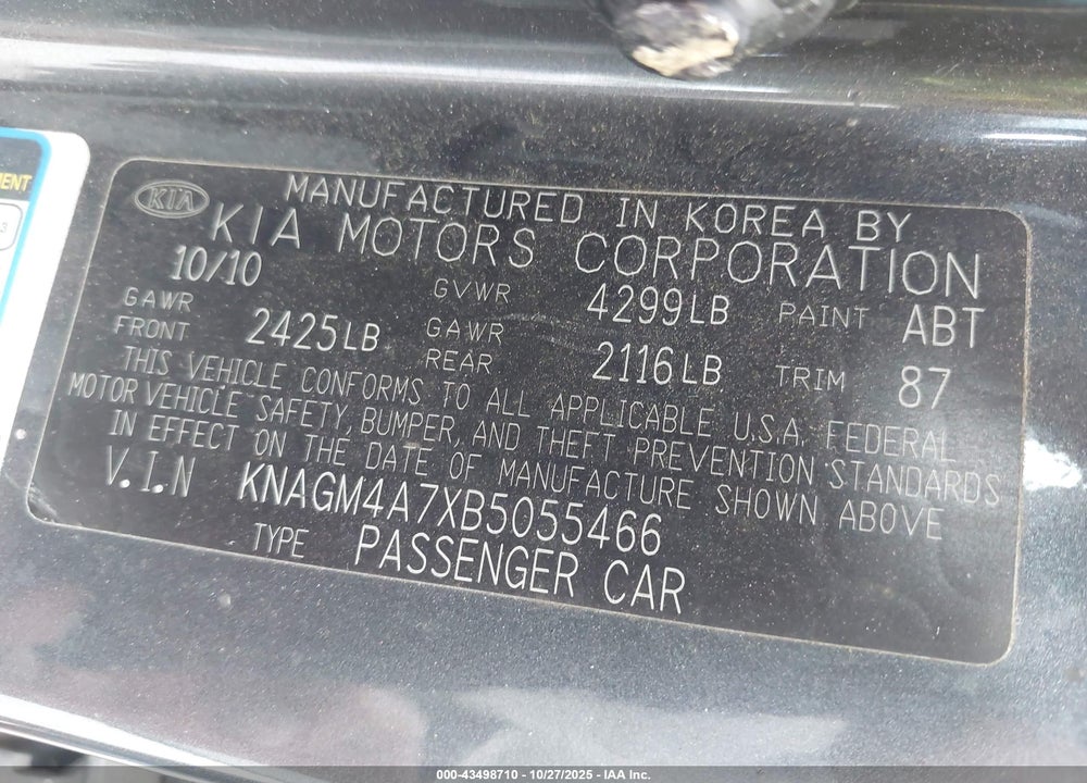 2011 KIA OPTIMA LX VIN: KNAGM4A7XB5055466