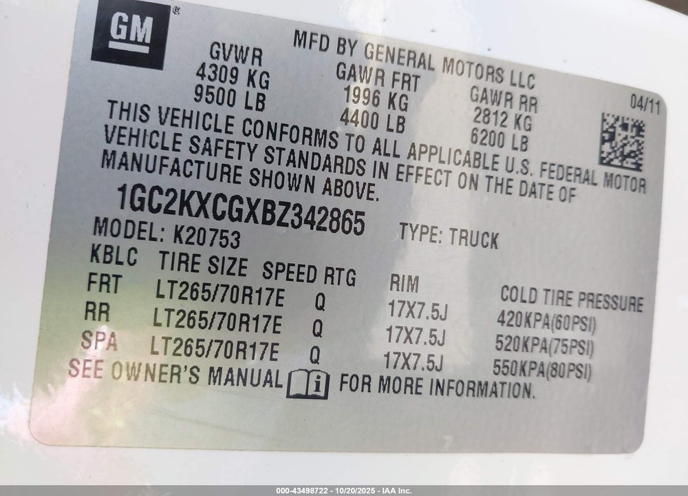 2011 CHEVROLET SILVERADO 2500 VIN: 1GC2KXCGXBZ342865