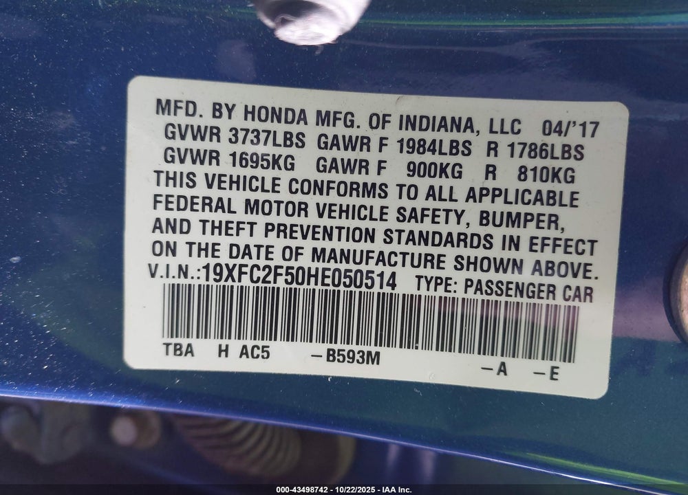 2017 HONDA CIVIC LX VIN: 19XFC2F50HE050514