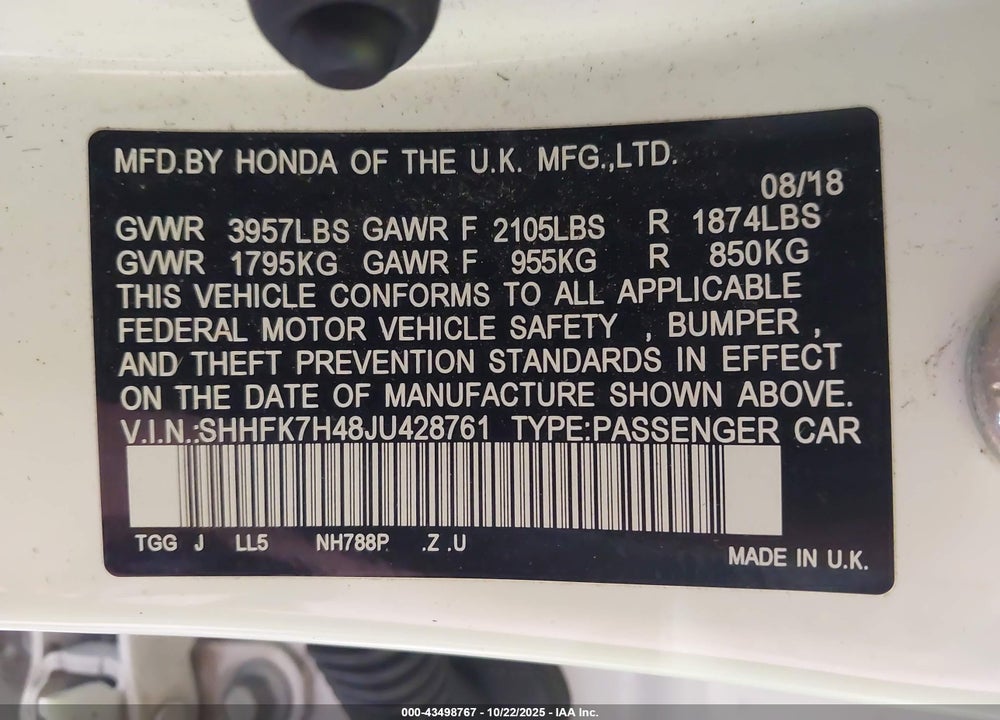 2018 HONDA CIVIC VIN: SHHFK7H48JU428761