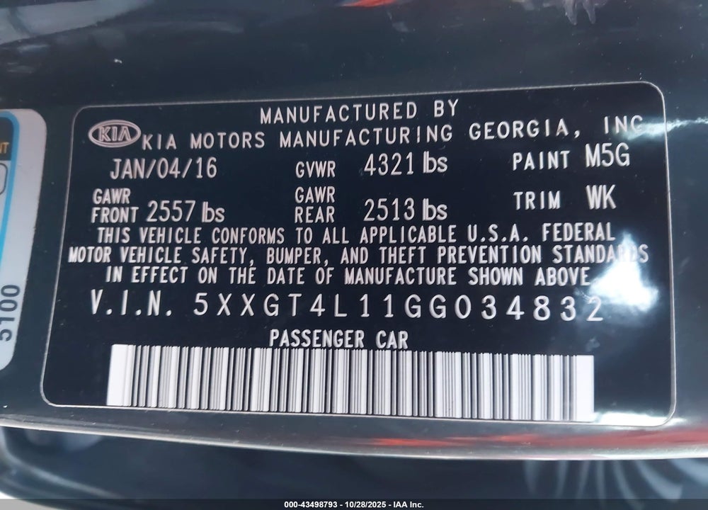 2016 KIA OPTIMA VIN: 5XXGT4L11GG034832