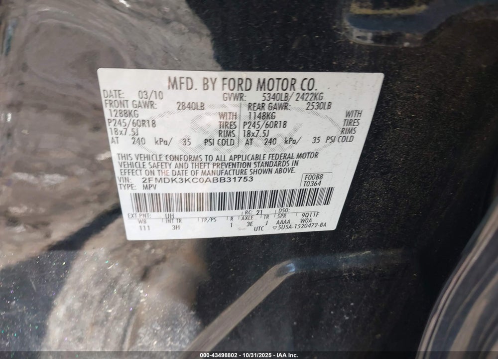2010 FORD EDGE VIN: 2FMDK3KC0ABB31753