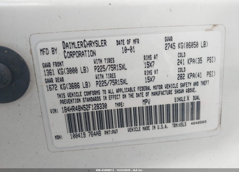 2002 DODGE DURANGO VIN: 1B4HR48N52F128330