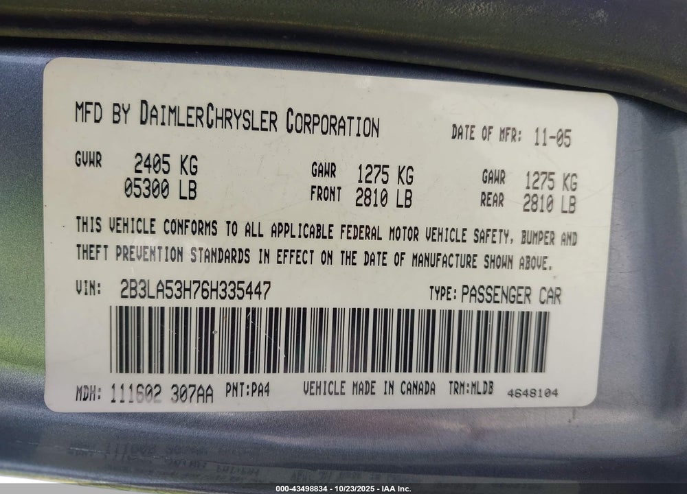 2006 DODGE CHARGER VIN: 2B3LA53H76H335447