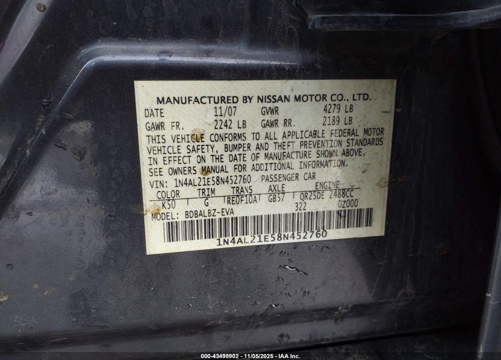 2008 NISSAN ALTIMA VIN: 1N4AL21E58N452760