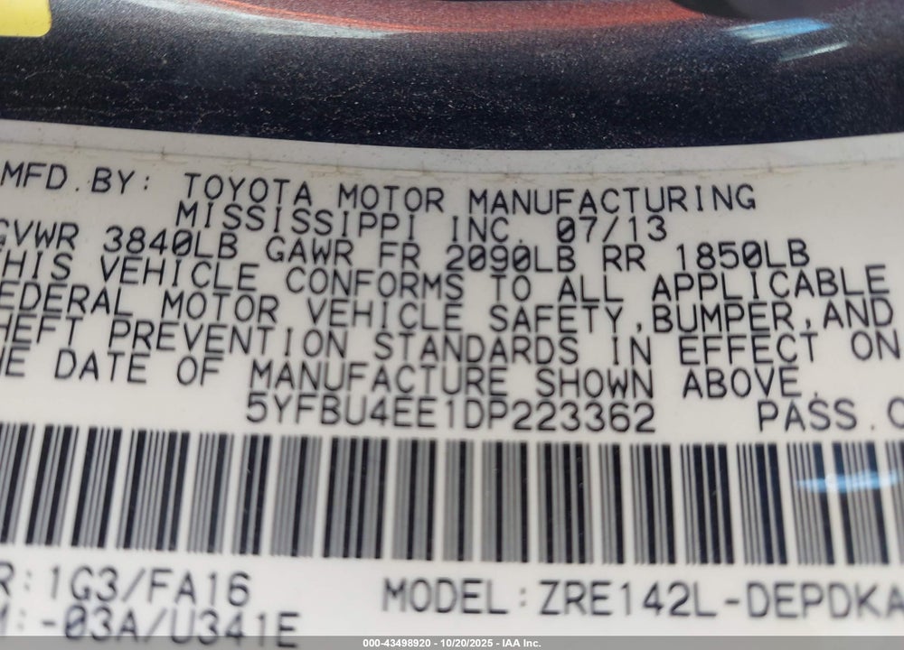 2013 TOYOTA COROLLA L VIN: 5YFBU4EE1DP223362