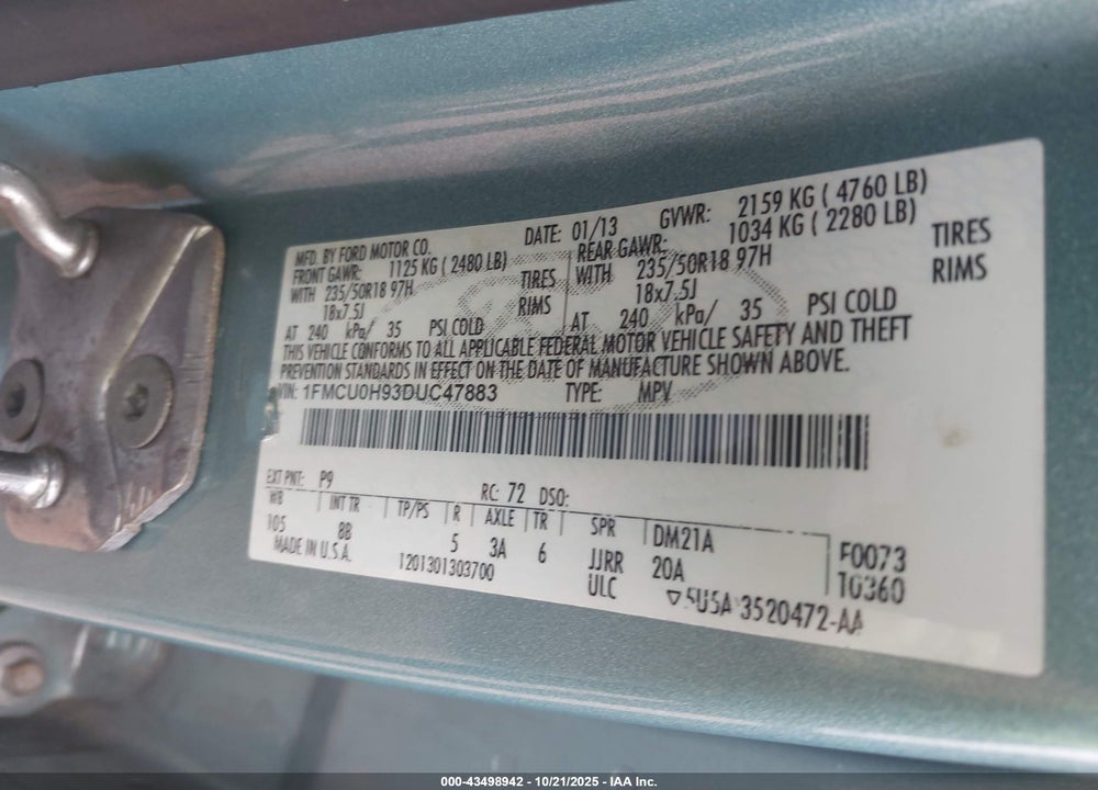 2013 FORD ESCAPE VIN: 1FMCU0H93DUC47883