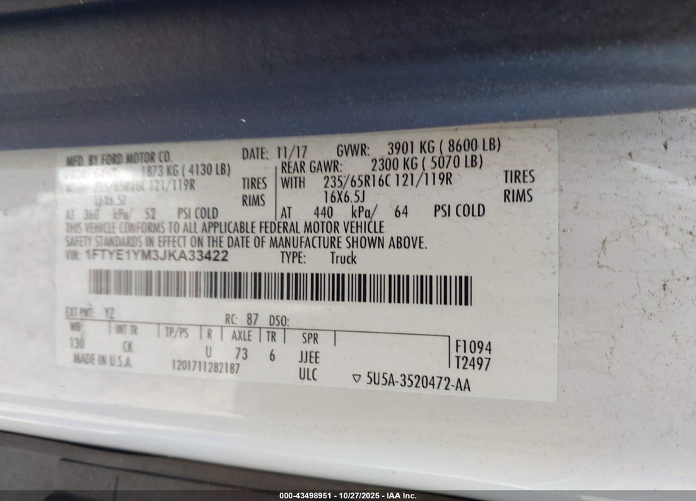 2018 FORD TRANSIT-150 VIN: 1FTYE1YM3JKA33422