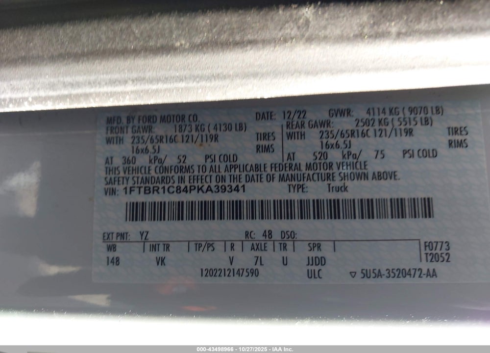 2023 FORD TRANSIT-250 VIN: 1FTBR1C84PKA39341
