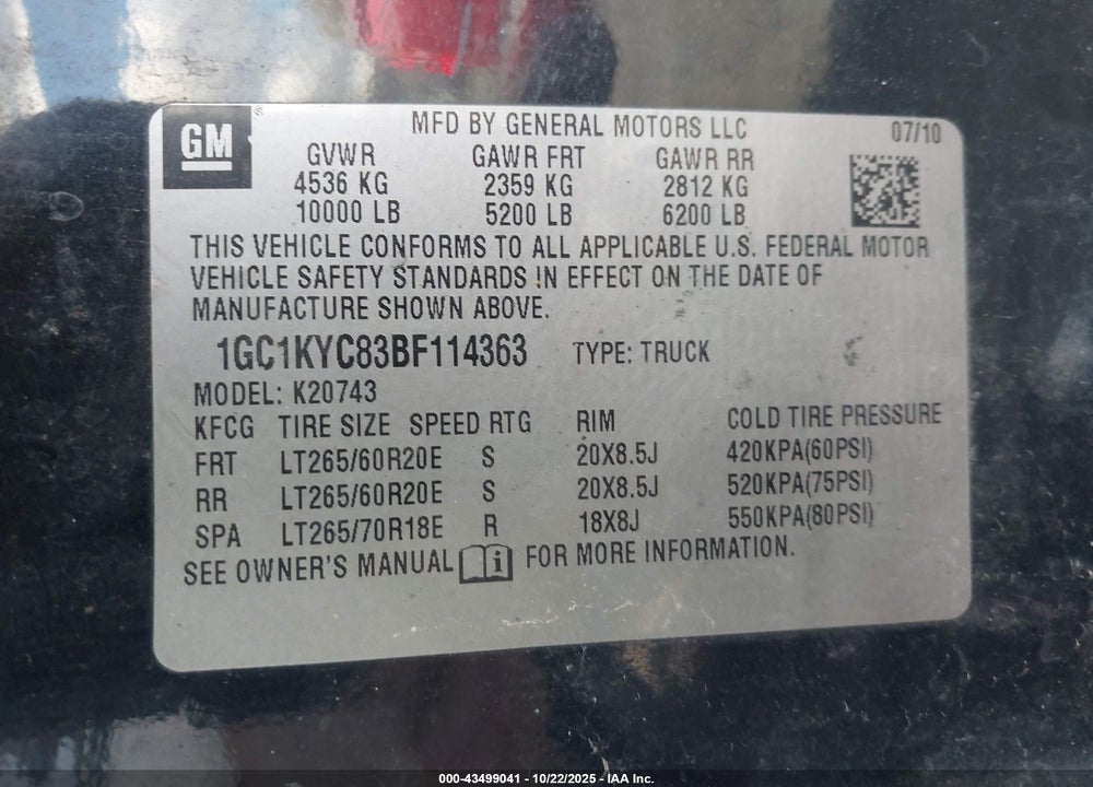 2011 CHEVROLET SILVERADO 2500HD LTZ VIN: 1GC1KYC83BF114363