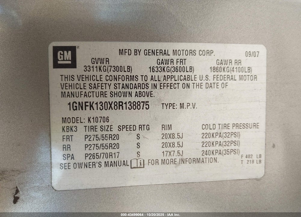 2008 CHEVROLET TAHOE LTZ VIN: 1GNFK130X8R138875
