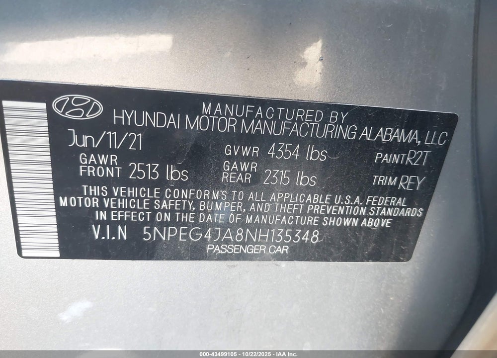 2022 HYUNDAI SONATA SE VIN: 5NPEG4JA8NH135348