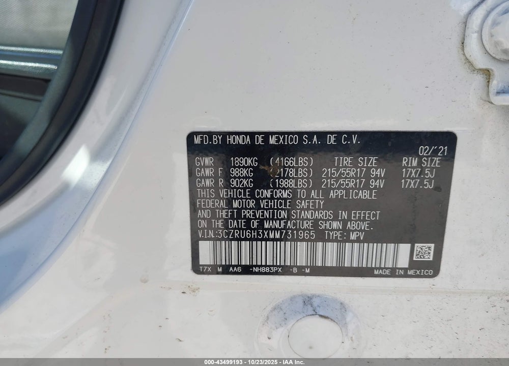 2021 HONDA HR-V AWD LX VIN: 3CZRU6H3XMM731965