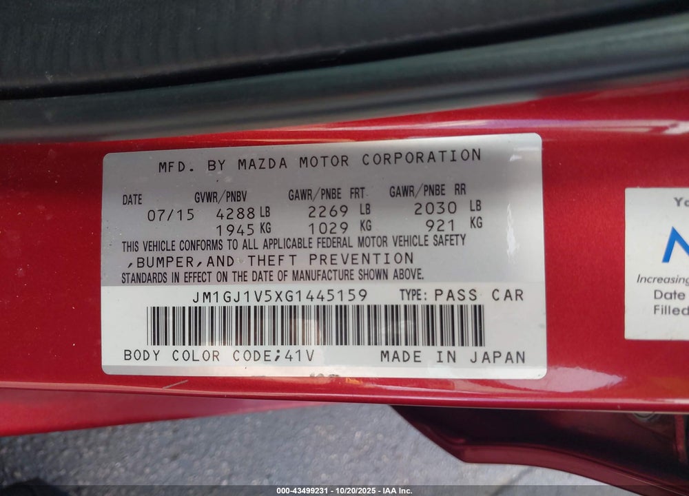 2016 MAZDA 6 VIN: JM1GJ1V5XG1445159