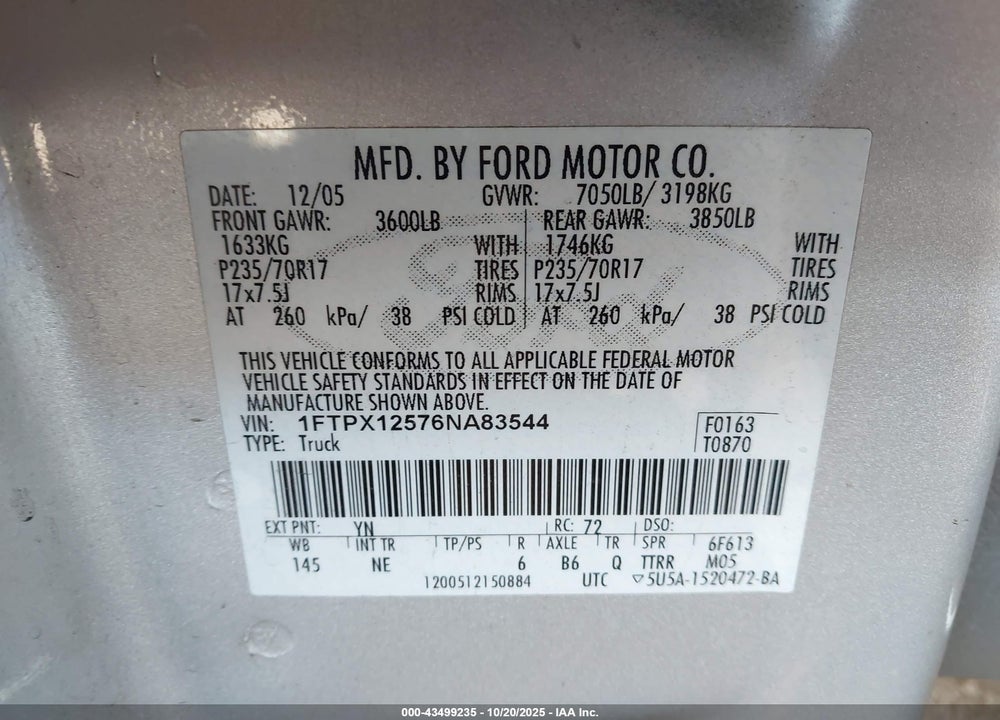 2006 FORD F-150 LARIAT/XL/XLT VIN: 1FTPX12576NA83544