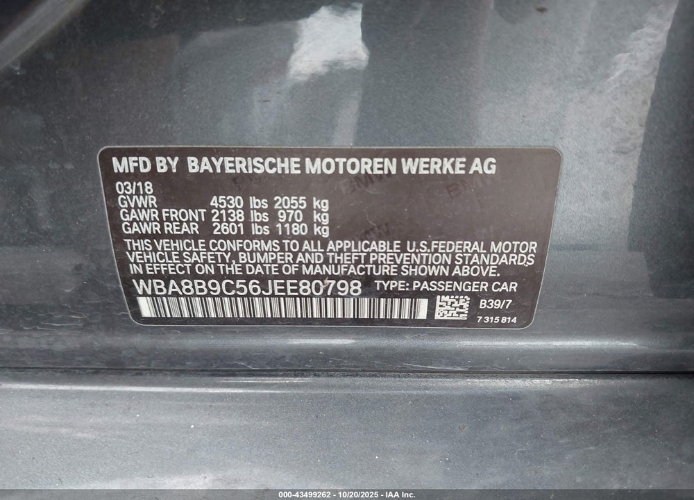 2018 BMW 330I VIN: WBA8B9C56JEE80798