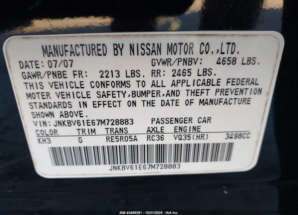 2007 INFINITI G35 JOURNEY VIN: JNKBV61E67M728883