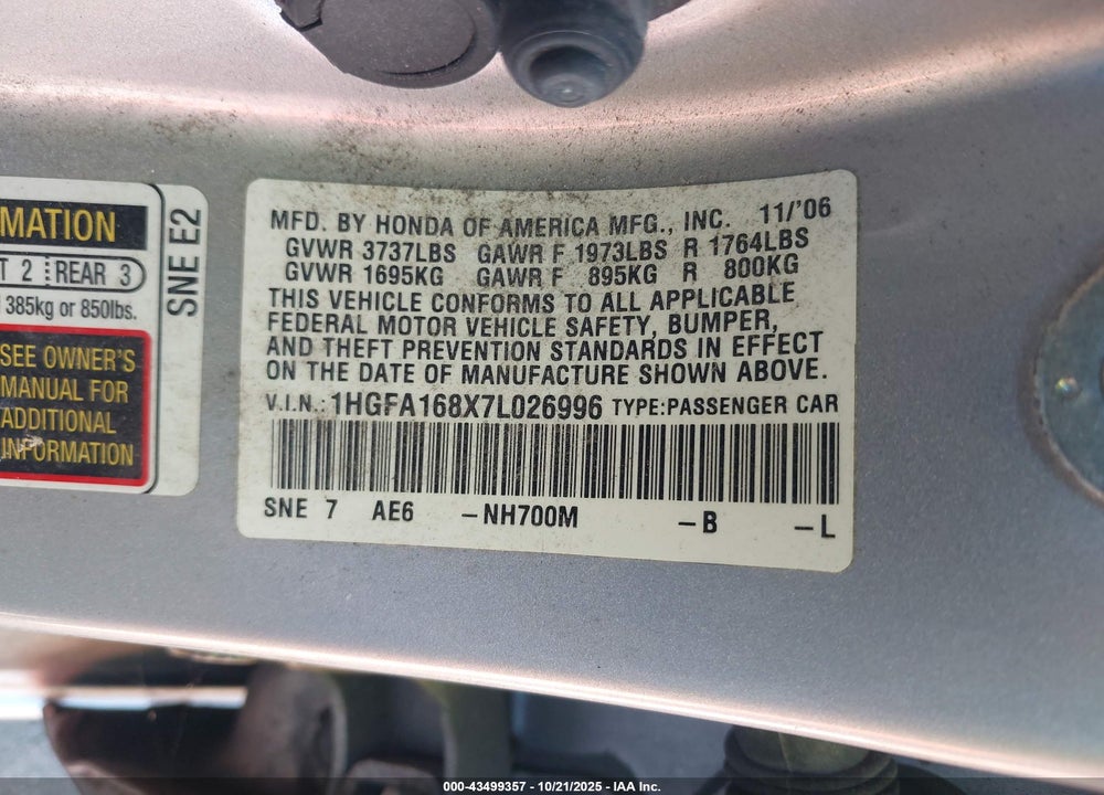 2007 HONDA CIVIC EX VIN: 1HGFA168X7L026996
