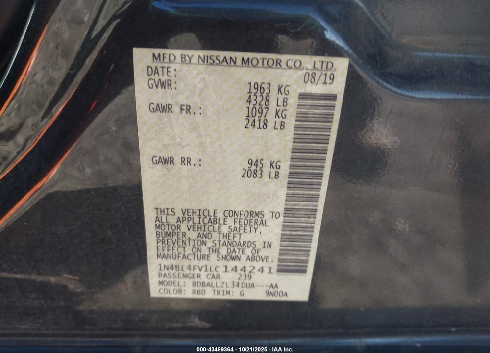2020 NISSAN ALTIMA PLATINUM FWD VIN: 1N4BL4FV1LC144241