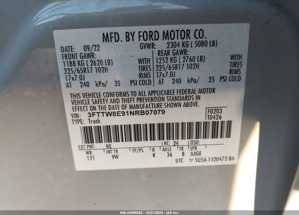 2022 FORD MAVERICK XL VIN: 3FTTW8E91NRB07079