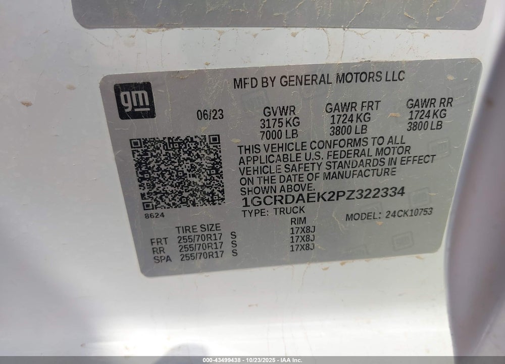 2023 CHEVROLET SILVERADO 1500 4WD STANDARD BED WT VIN: 1GCRDAEK2PZ322334