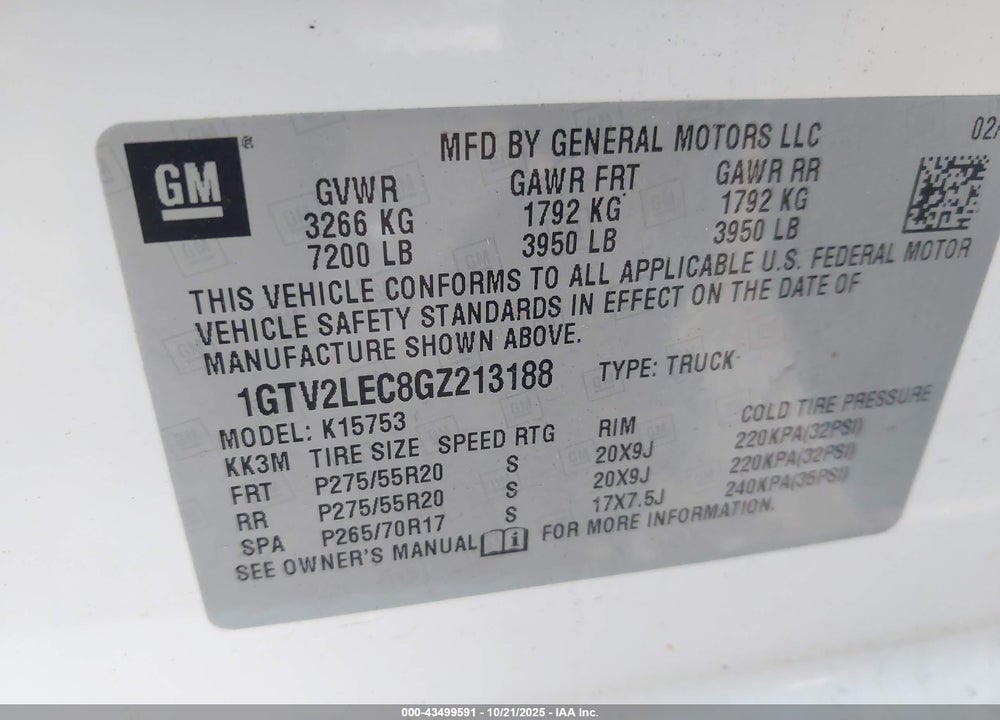 2016 GMC SIERRA 1500 VIN: 1GTV2LEC8GZ213188
