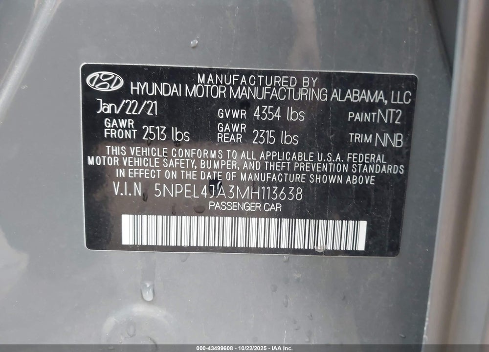 2021 HYUNDAI SONATA VIN: 5NPEL4JA3MH113638