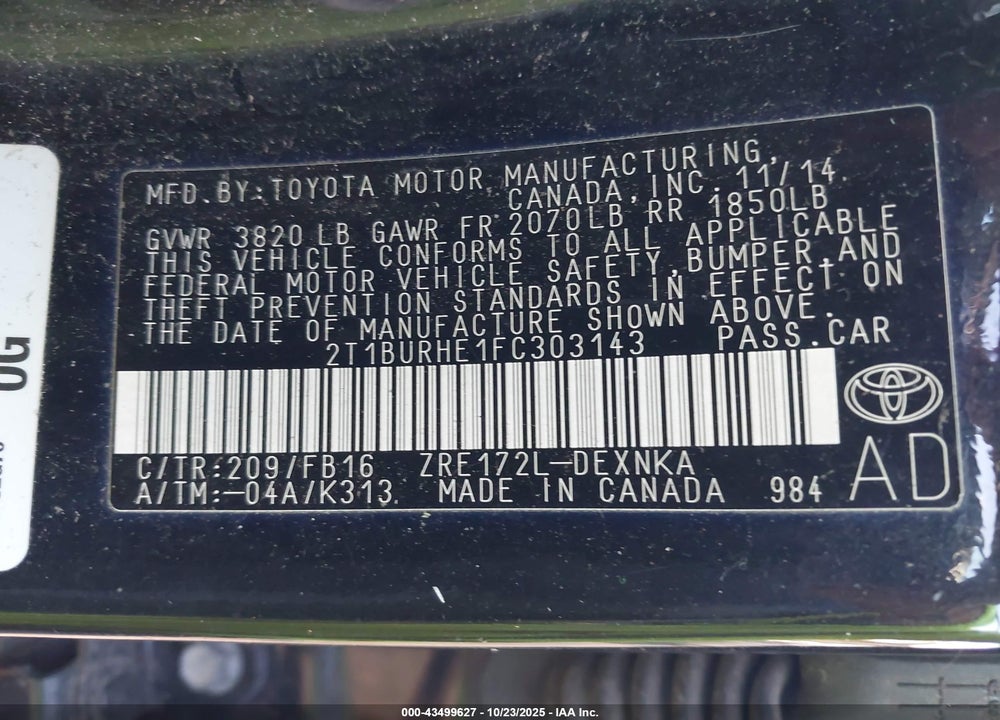 2015 TOYOTA COROLLA LE VIN: 2T1BURHE1FC303143