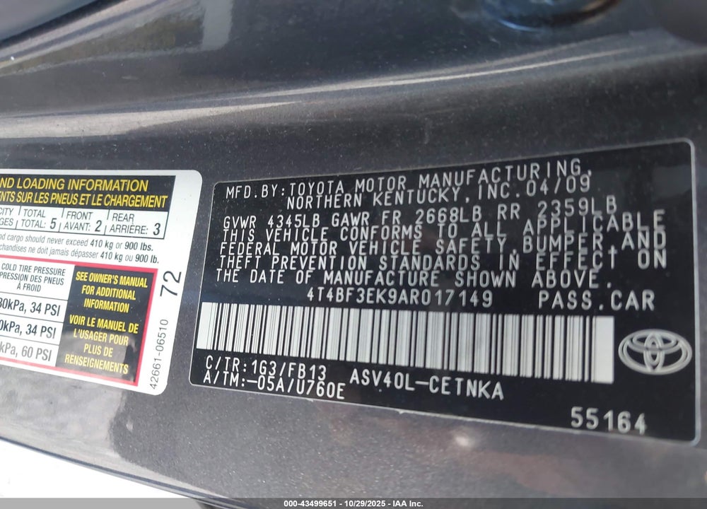 2010 TOYOTA CAMRY LE VIN: 4T4BF3EK9AR017149