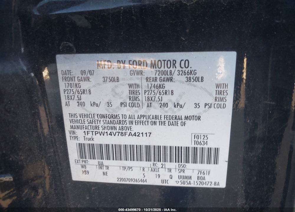 2008 FORD F-150 VIN: 1FTPW14V78FA42117