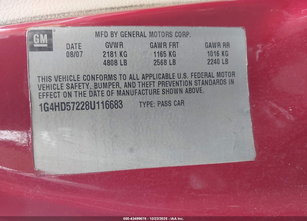2008 BUICK LUCERNE VIN: 1G4HD57228U116683