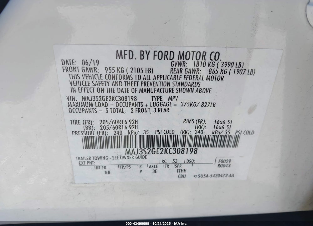 2019 FORD ECOSPORT VIN: MAJ3S2GE2KC308198