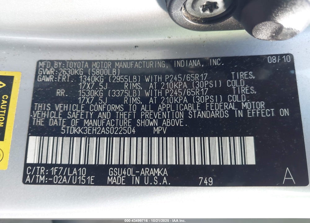 2010 TOYOTA HIGHLANDER SE V6 VIN: 5TDKK3EH2AS022504