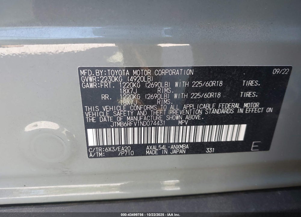 2022 TOYOTA RAV4 HYBRID XLE PREMIUM VIN: JTMB6RFV1ND074431