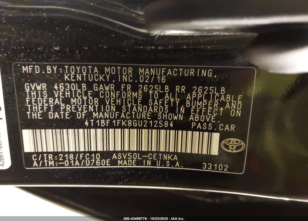 2016 TOYOTA CAMRY LE VIN: 4T1BF1FK8GU212584