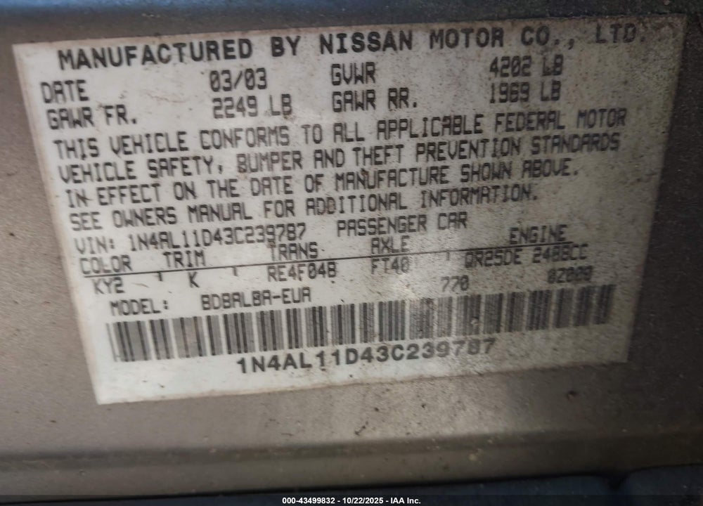 2003 NISSAN ALTIMA 2.5 S VIN: 1N4AL11D43C239787