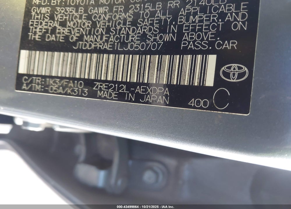 2020 TOYOTA COROLLA L VIN: JTDDPRAE1LJ050707