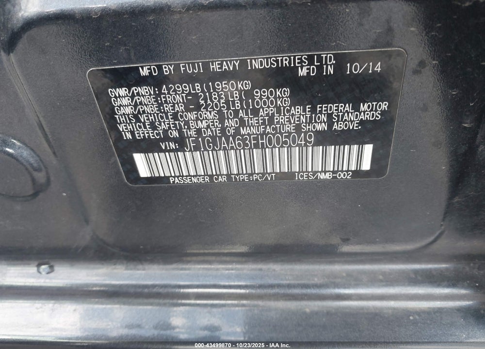 2015 SUBARU IMPREZA VIN: JF1GJAA63FH005049