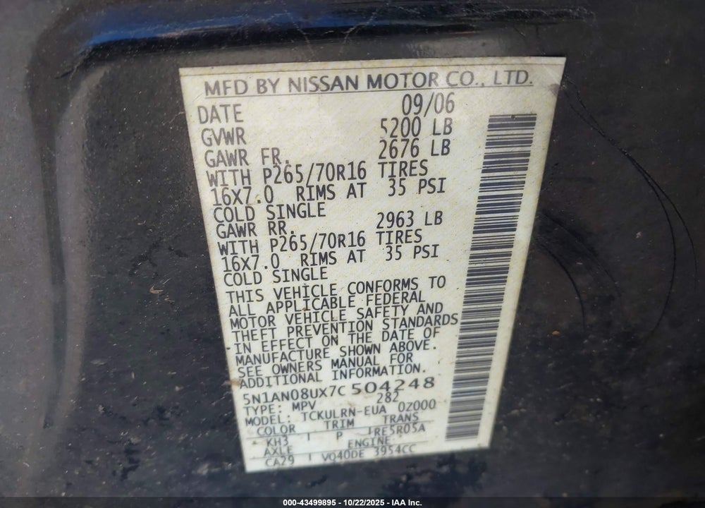 2007 NISSAN XTERRA S VIN: 5N1AN08UX7C504248